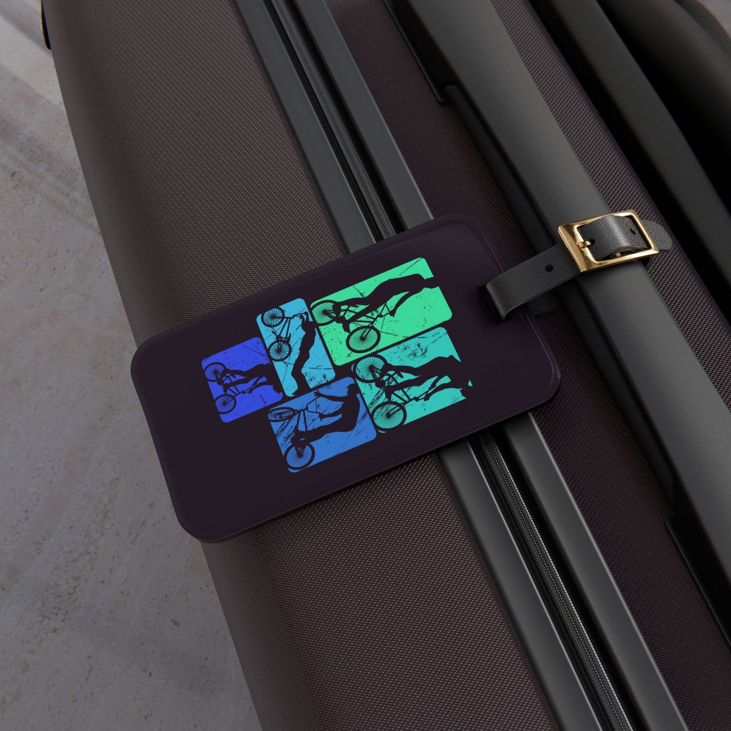 BMX Luggage Tag - Blue Retro BMX Rider Silhouettes, Cycling Travel Tag for Bike Lovers