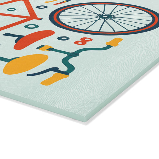 Bicycle Parts Glass Cutting Board - Cycling Kitchen Decor with Bike Components Illustration, Cyclist Gift, Modern Bike Art