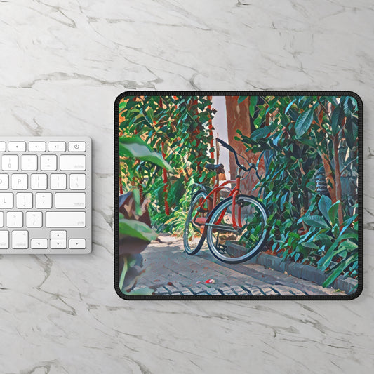 Bicycle in Green Garden Mouse Pad - Calm Cycling Desk Decor