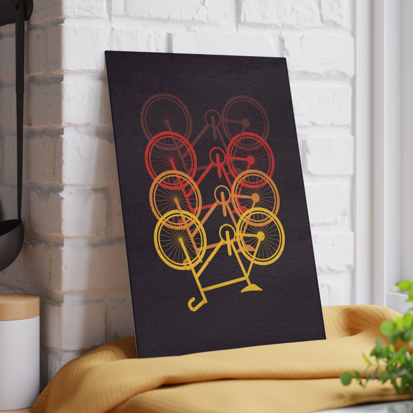 Retro Bicycle Glass Cutting Board - Layered Bike Motion Design, Cycling Kitchen Decor Gift