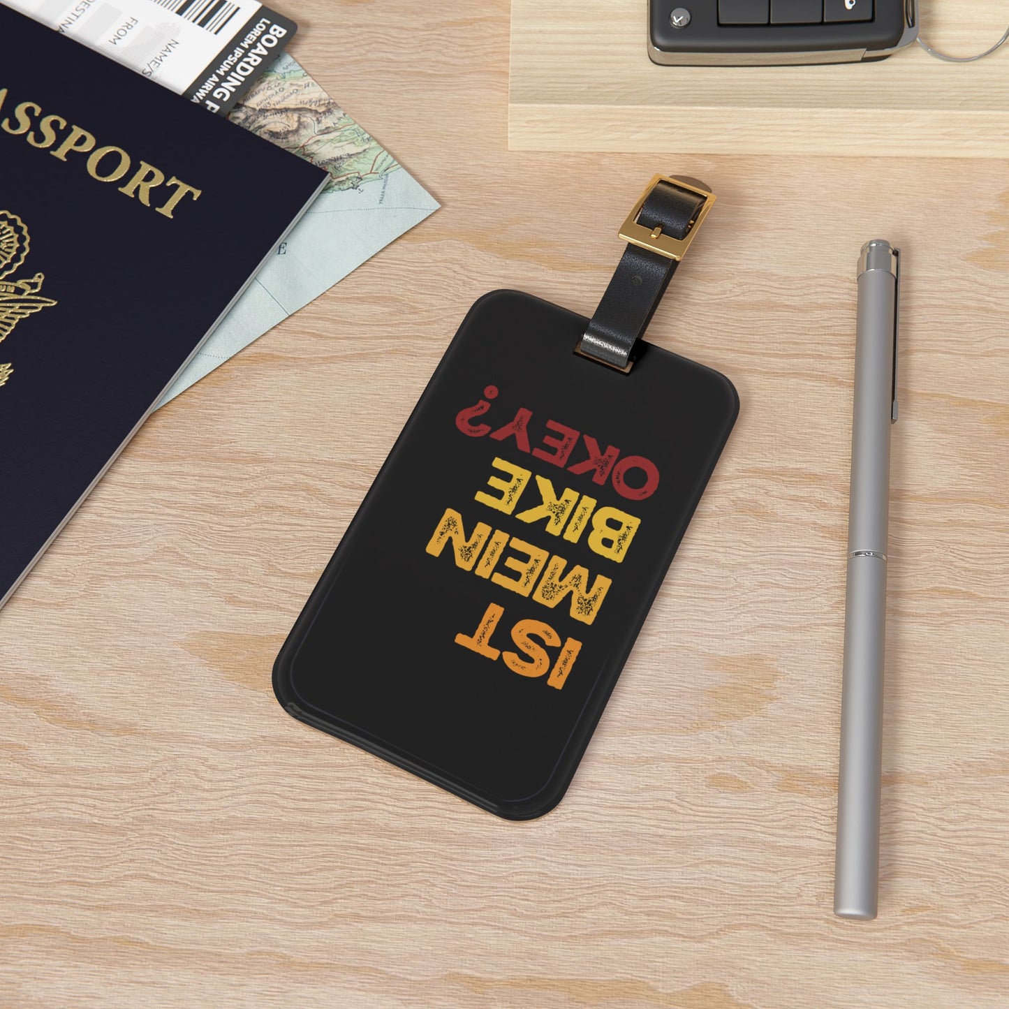 Funny Cycling Luggage Tag for Bike Lovers - Black Acrylic Tag with Leather Strap
