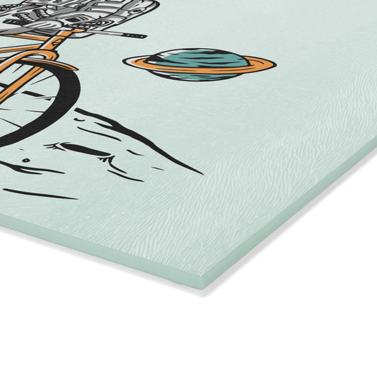 Astronaut Cycling Glass Cutting Board - Space Bike Kitchen Board for Cyclists & Sci-Fi Fans