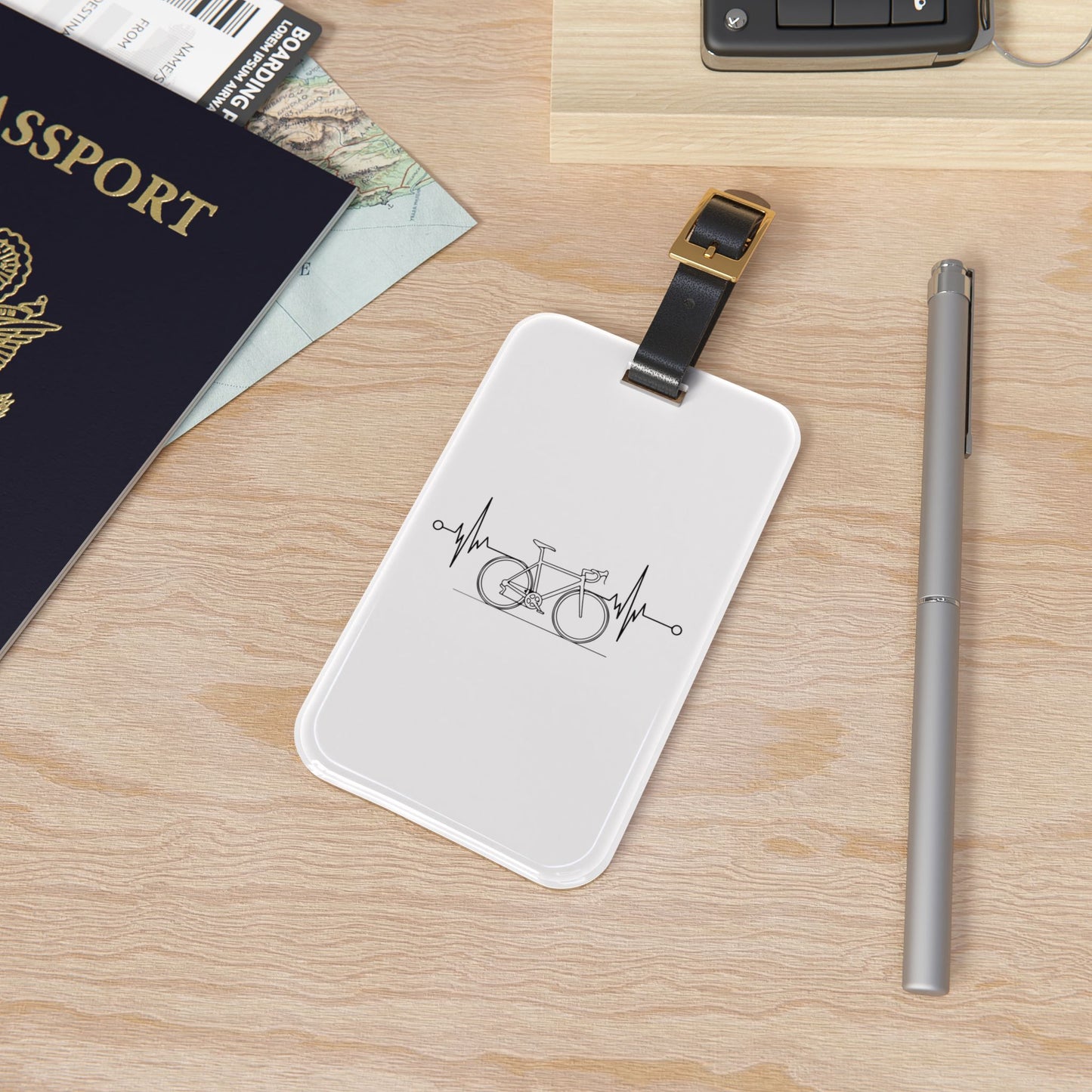 Bicycle Heartbeat Luggage Tag - Minimal Cycling Travel Tag, Bike Lover Accessory, Clean Line Bike Design