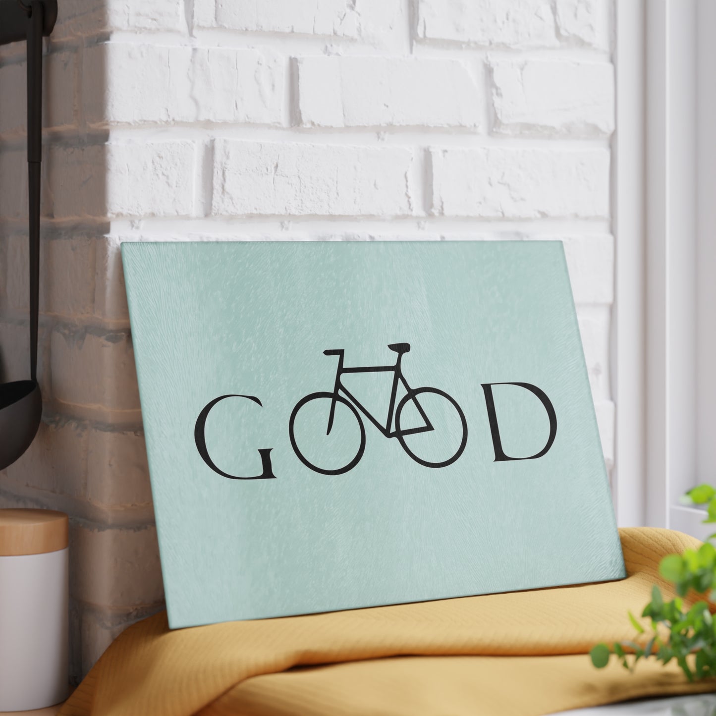 GOOD Bike Glass Cutting Board - Minimalist Bicycle Typography Design, Cycling Kitchen Decor Gift