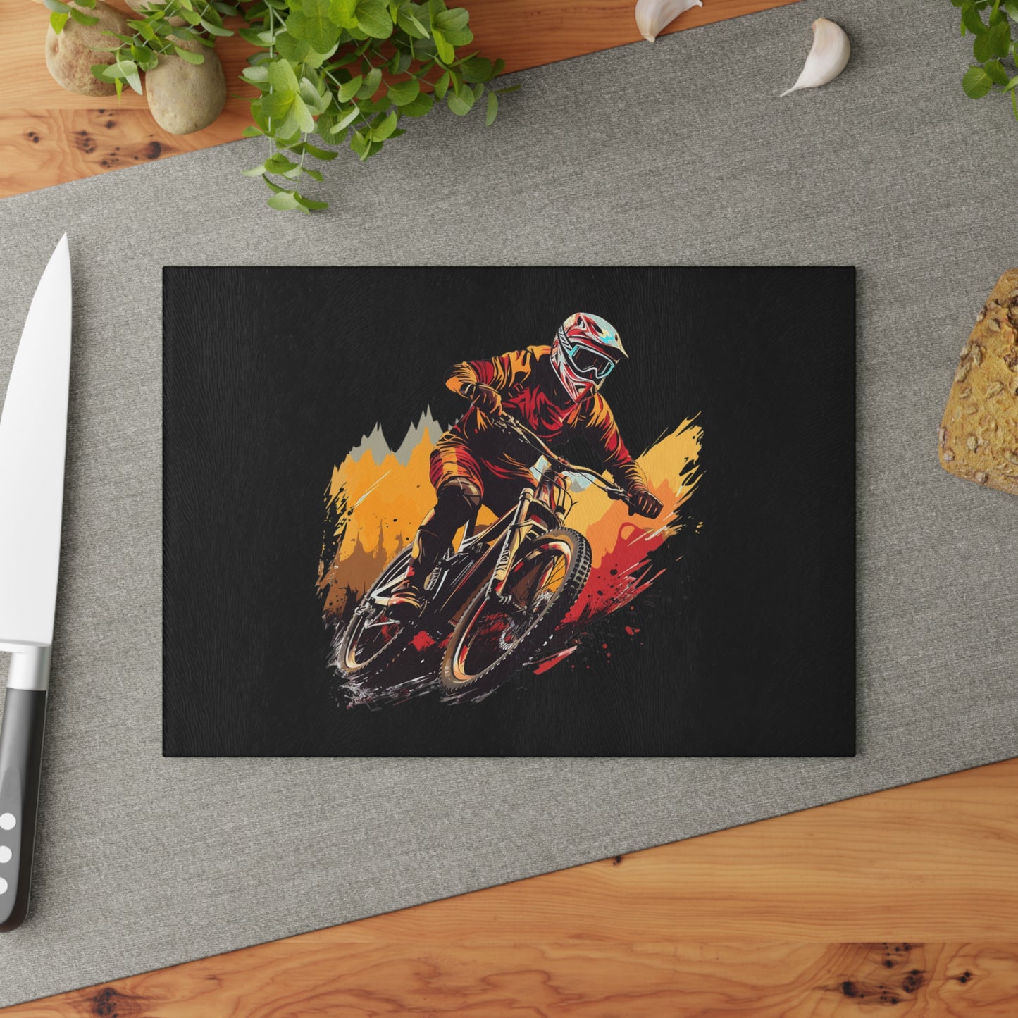 Downhill Mountain Bike Glass Cutting Board - Action MTB Rider Art, Cycling Kitchen Decor Gift