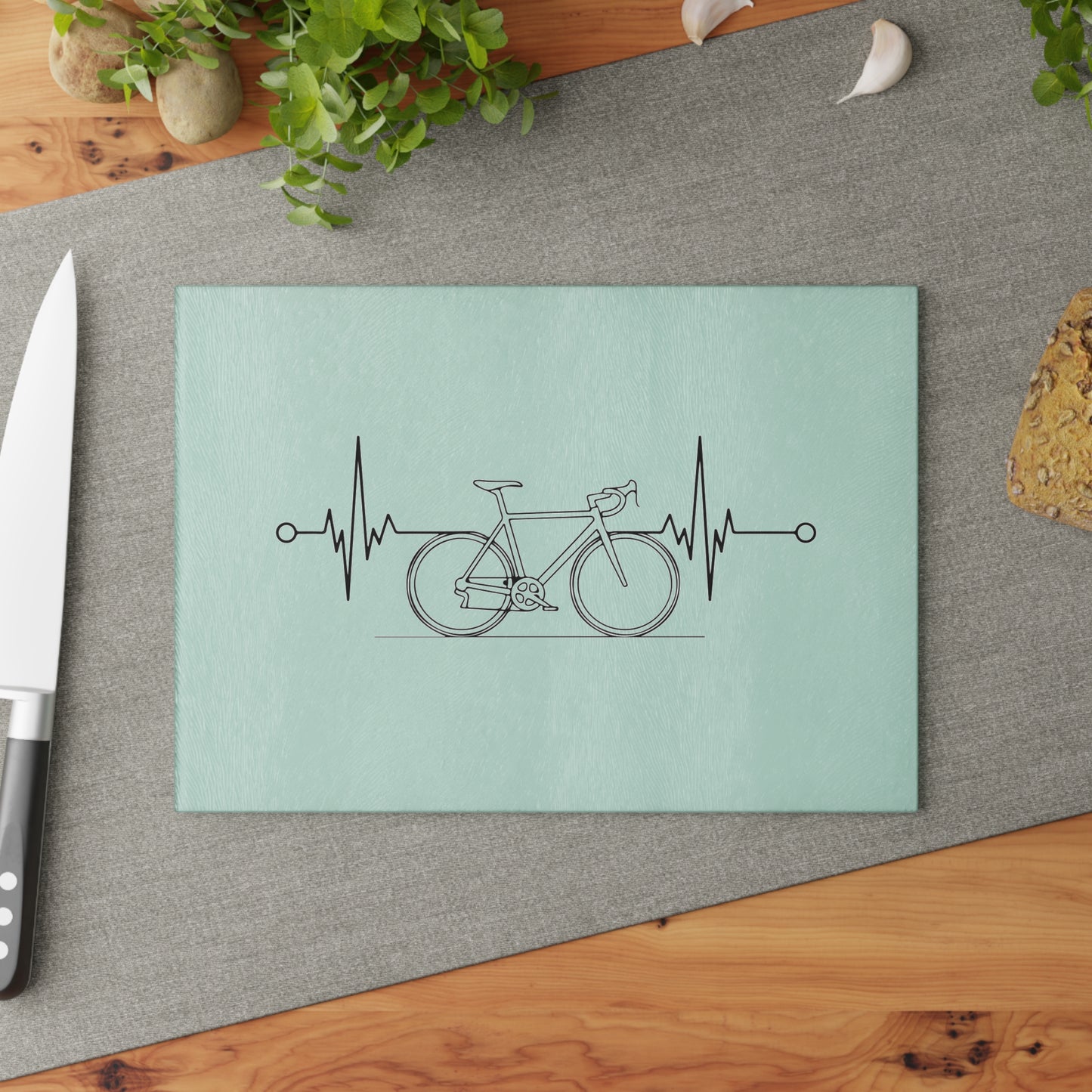Cycling Heartbeat Glass Cutting Board - Minimal Bike Line Art Kitchen Decor Gift for Cyclists