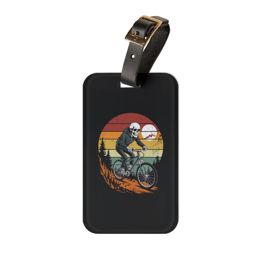 Cyclist Luggage Tag Gift, Skeleton Biker Sunset Design, Travel Tag for Bike Lovers