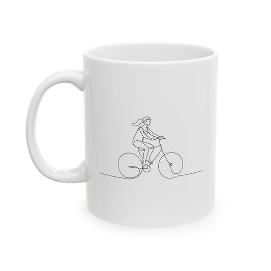 Gentle Ride Flow Mug | Woman Cycling Line Art | Peaceful Morning Coffee