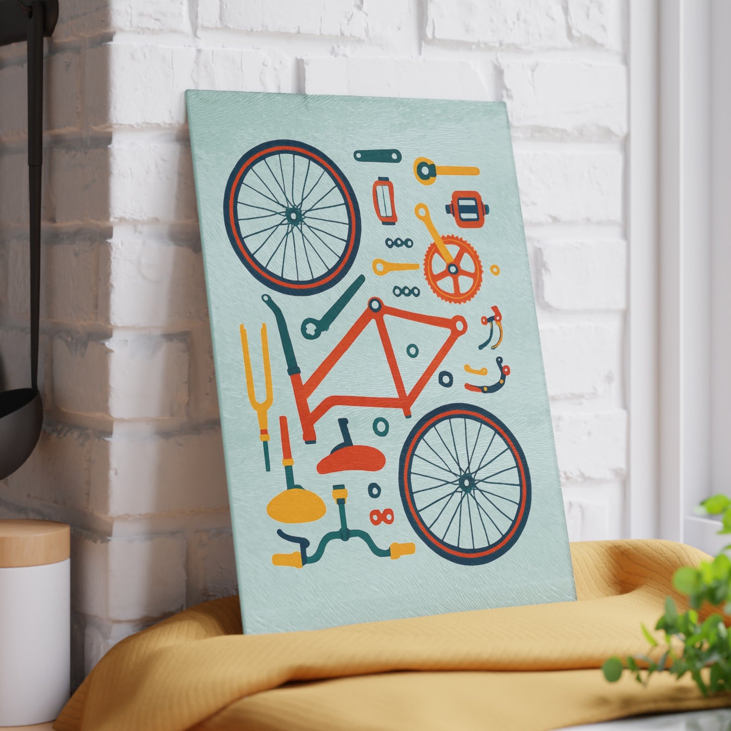 Bicycle Parts Glass Cutting Board - Cycling Kitchen Decor with Bike Components Illustration, Cyclist Gift, Modern Bike Art