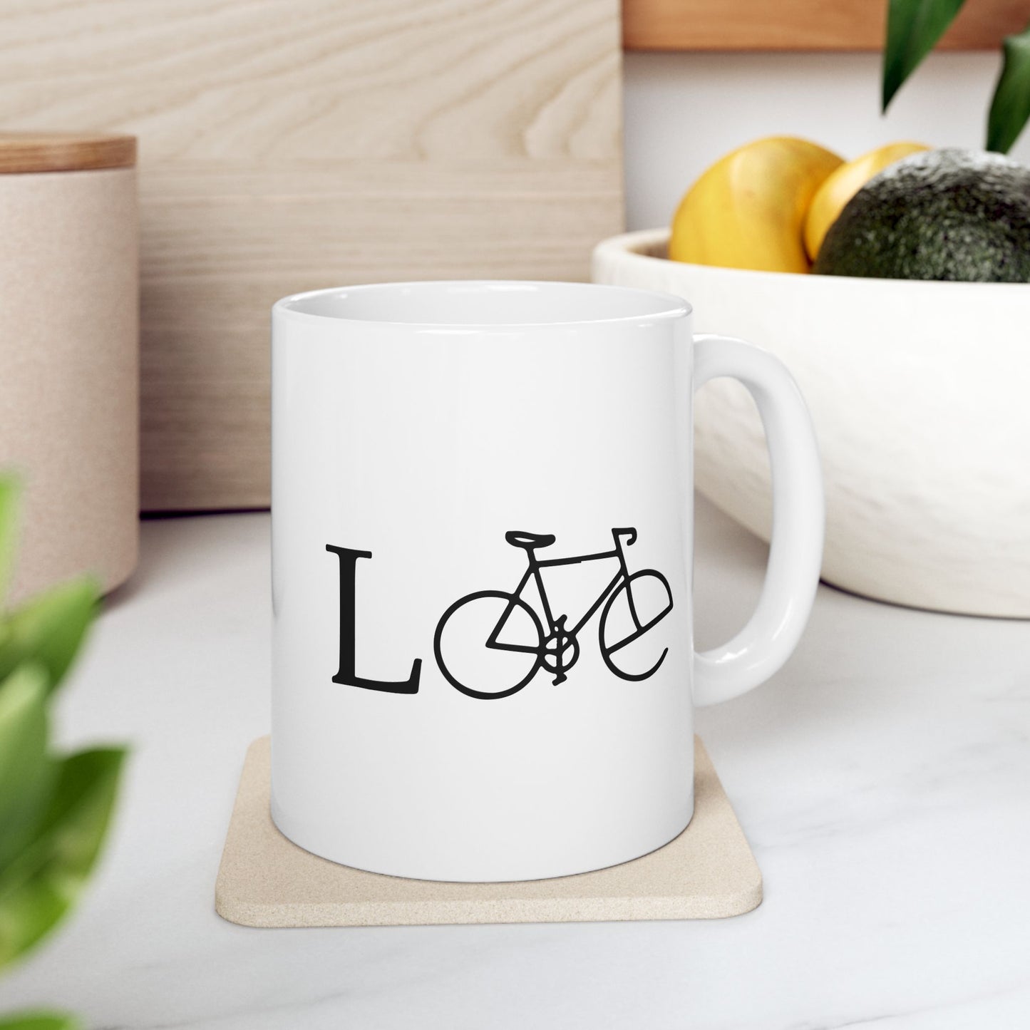 Love In Motion Bicycle Mug | Minimal Wordplay Cycling Art | Thoughtful Coffee Gift