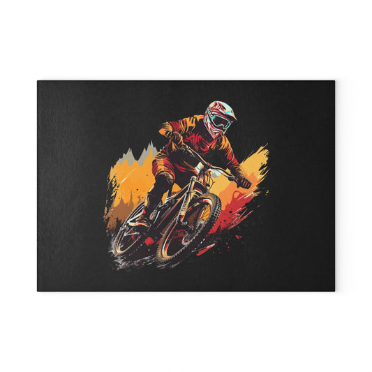 Downhill Mountain Bike Glass Cutting Board - Action MTB Rider Art, Cycling Kitchen Decor Gift