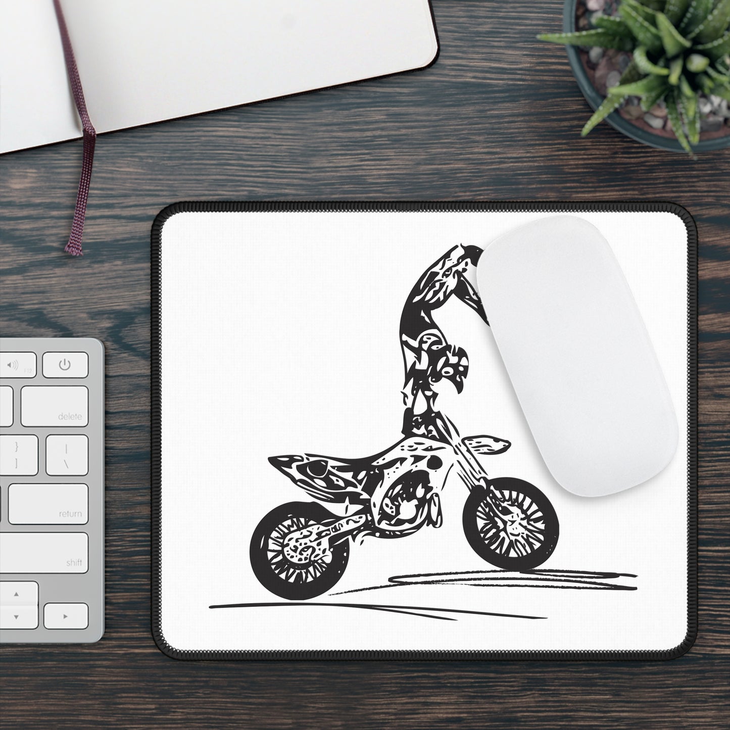 Minimal Stunt Bike Illustration Mouse Pad - Black and White Rider Desk Decor