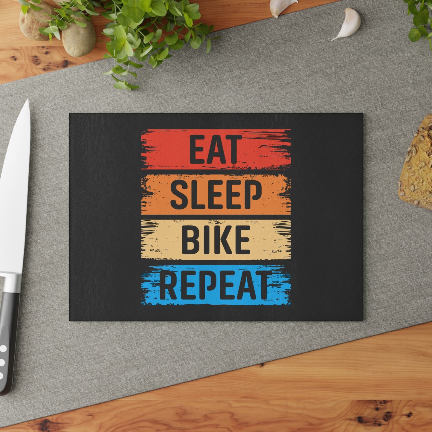 Eat Sleep Bike Repeat Glass Cutting Board - Cycling Kitchen Decor Gift for Bike Lovers