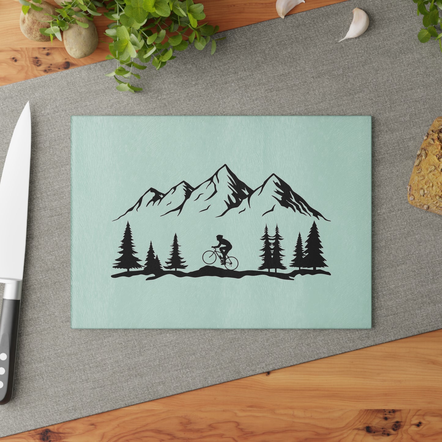 Mountain Cycling Glass Cutting Board - Minimalist Bike & Nature Design, Cycling Kitchen Decor Gift