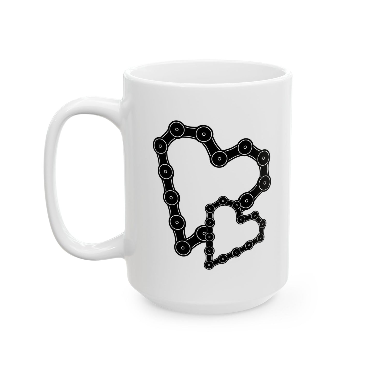 Chained Together Love Mug | Bicycle Chain Heart Art | Connected Coffee Moment