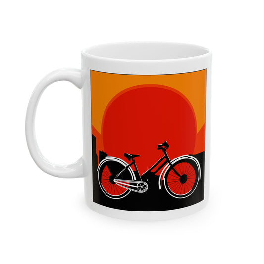 Sunset Street Cruiser Mug | Vintage Bicycle Silhouette Art | Warm Evening Coffee