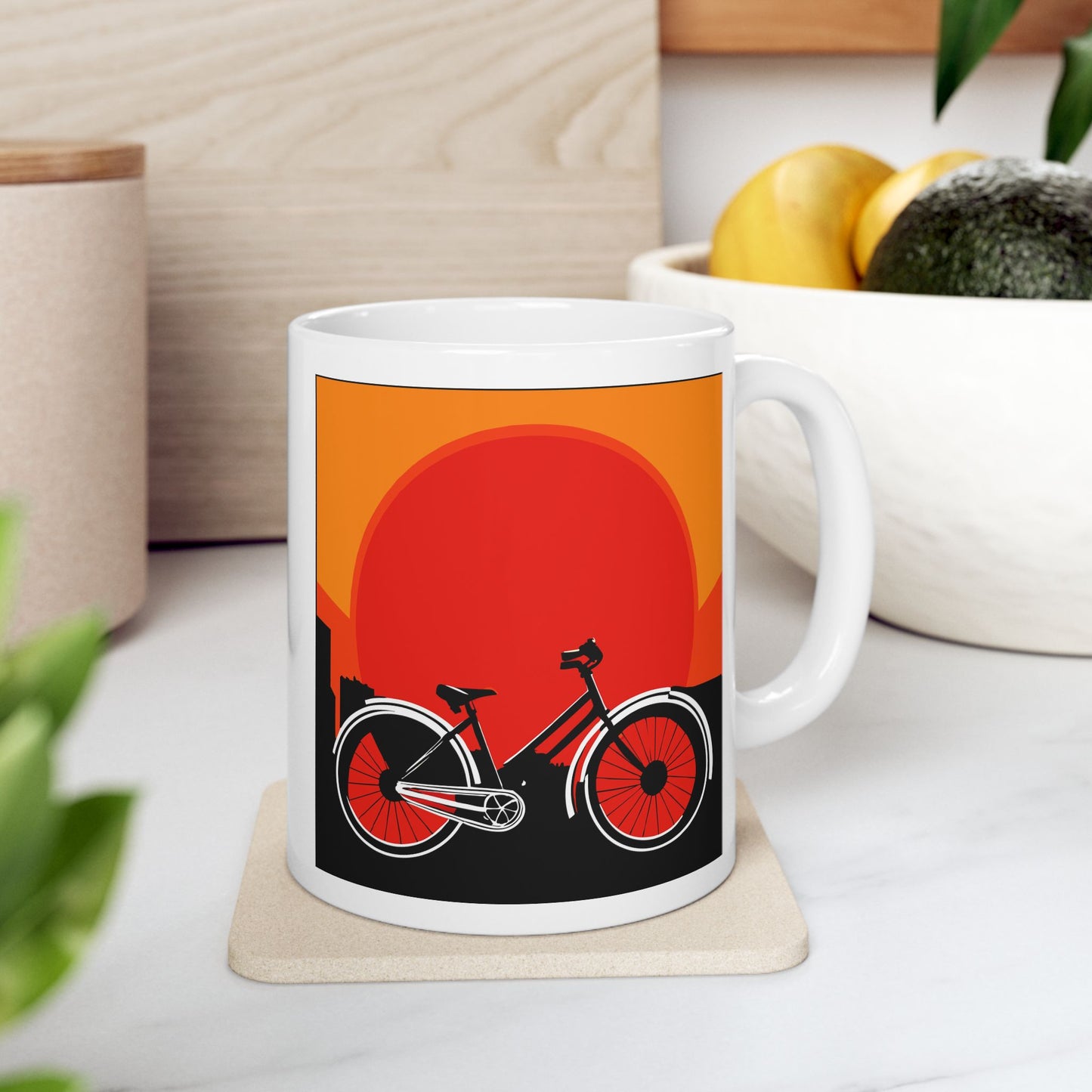 Sunset Street Cruiser Mug | Vintage Bicycle Silhouette Art | Warm Evening Coffee