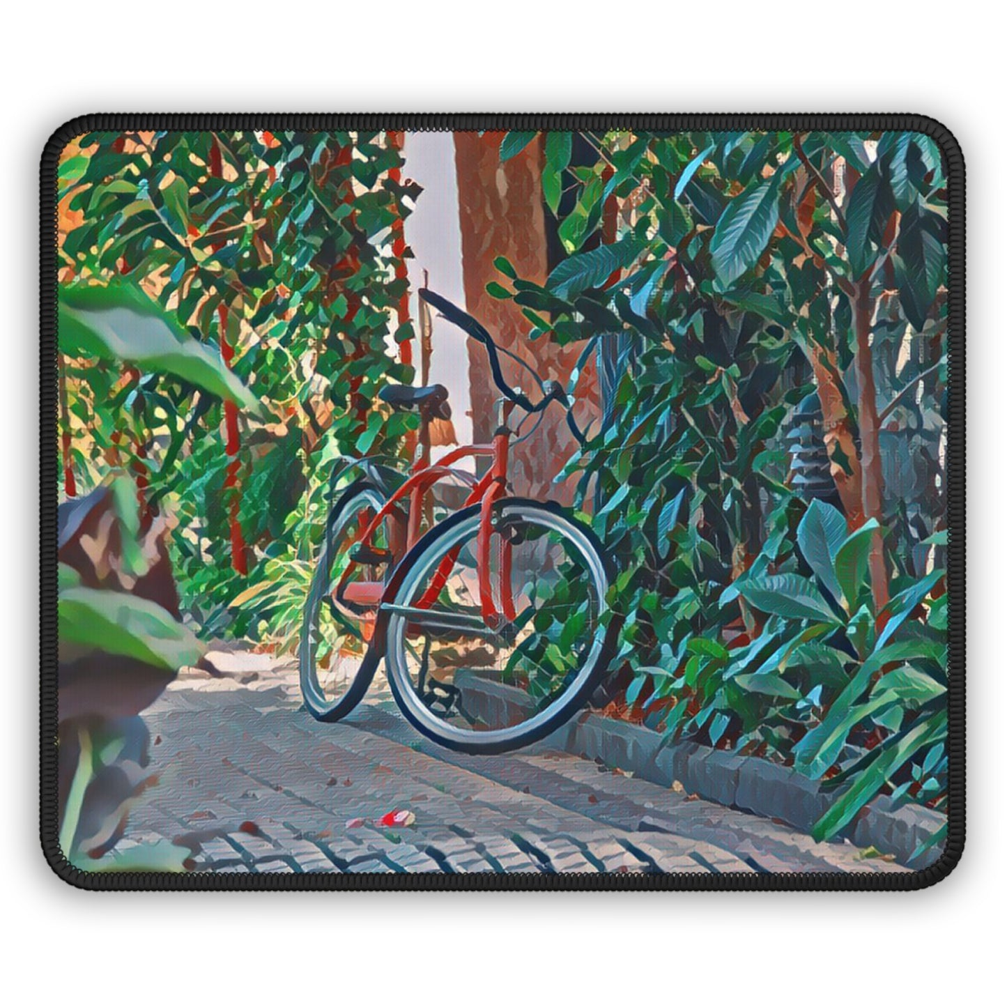 Bicycle in Green Garden Mouse Pad - Calm Cycling Desk Decor