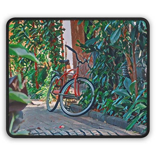 Bicycle in Green Garden Mouse Pad - Calm Cycling Desk Decor