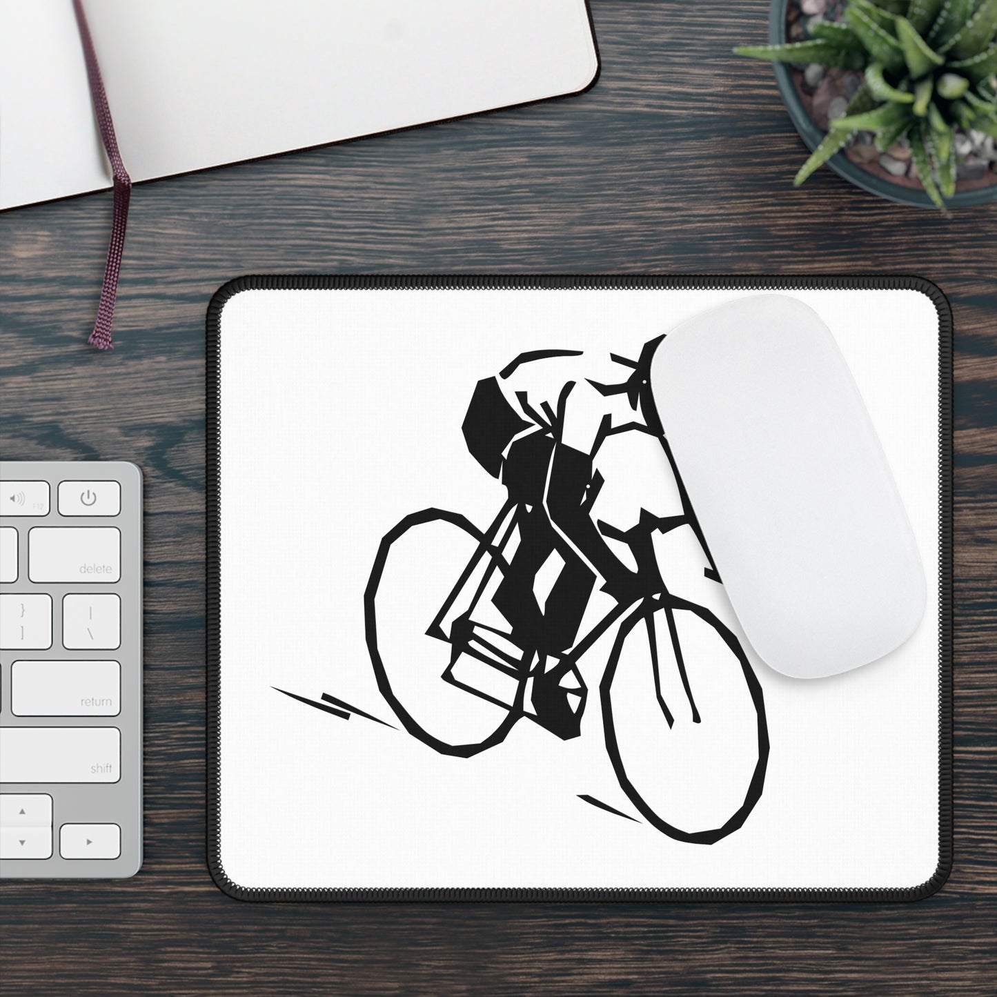 Minimal Cyclist Line Art Mouse Pad - Black and White Bike Desk Decor