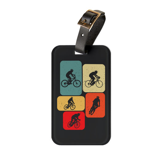 Cycling Luggage Tag - Retro Multi-Pose Cyclist Design, Bicycle Travel Tag for Bike Lovers