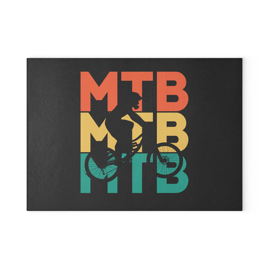 MTB Glass Cutting Board - Retro Mountain Bike Typography Design, Cycling Kitchen Decor Gift