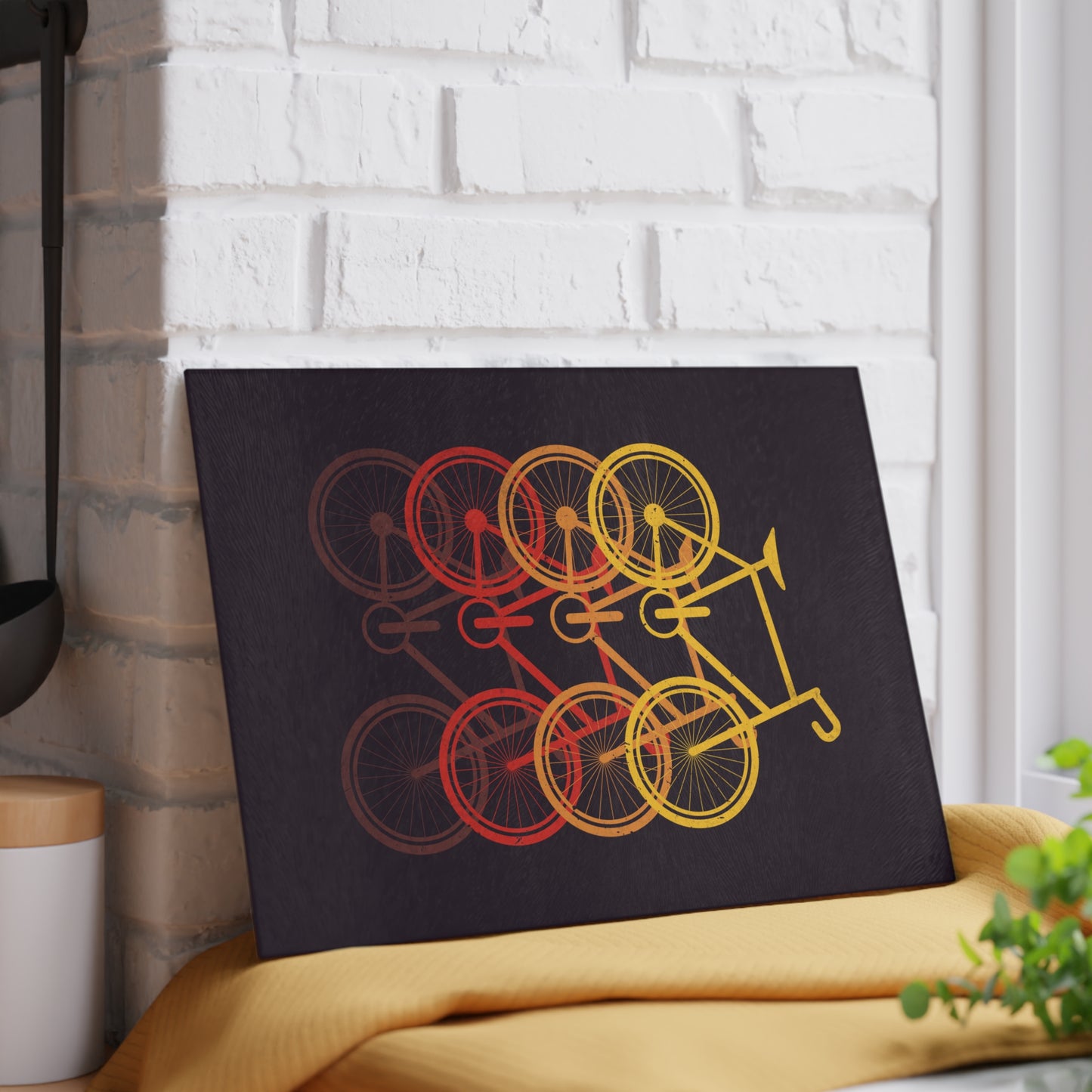 Retro Bicycle Glass Cutting Board - Layered Bike Motion Design, Cycling Kitchen Decor Gift