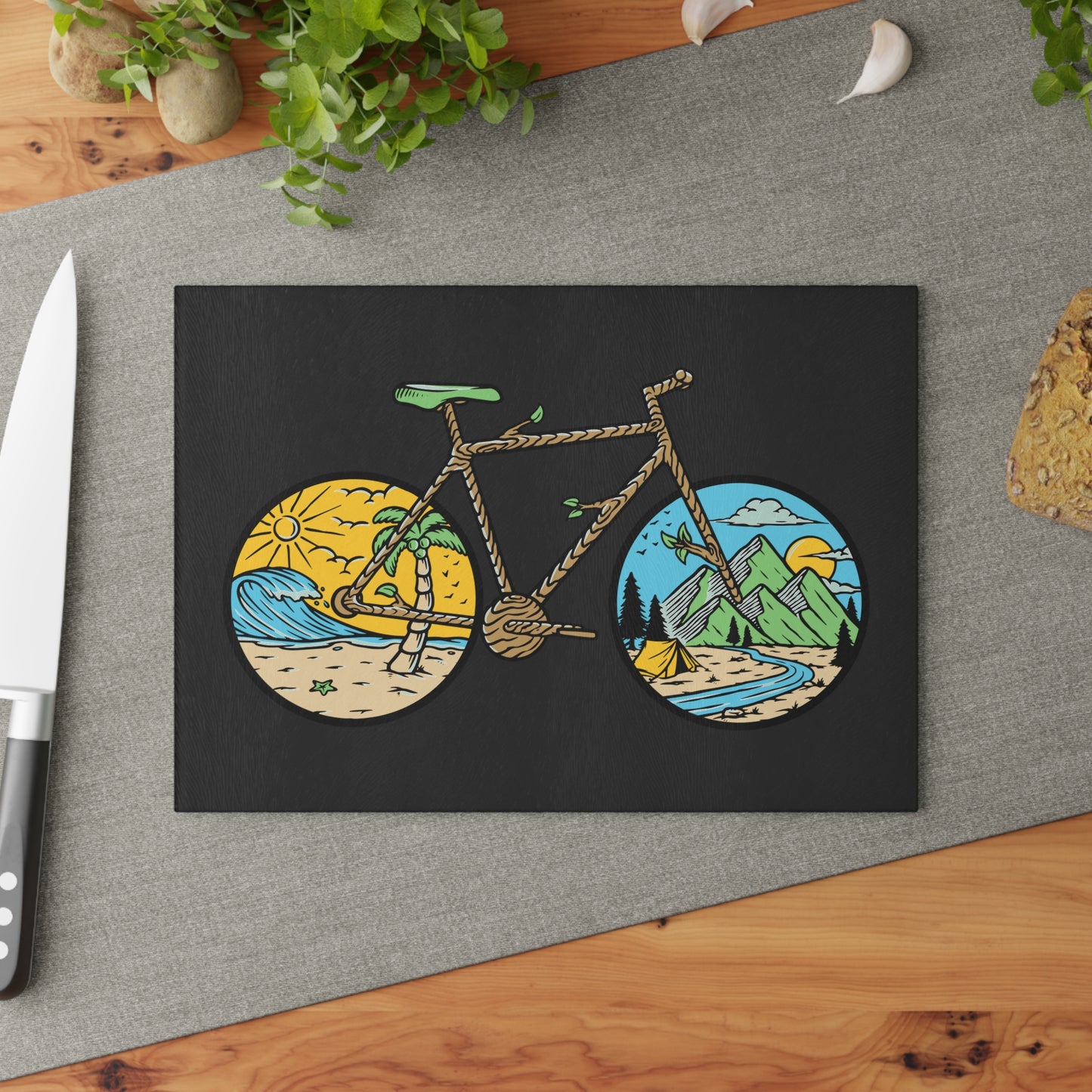 Two Roads One Bike - Nature Cycling Glass Cutting Board