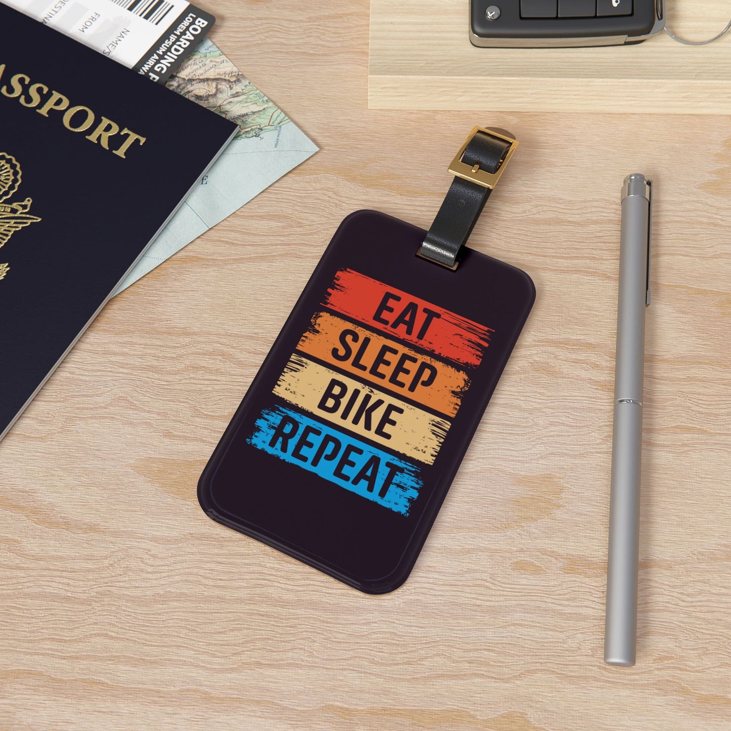 Eat Sleep Bike Repeat Luggage Tag - Cycling Travel Accessory, Bike Lover Gift, Vintage Cycling Quote