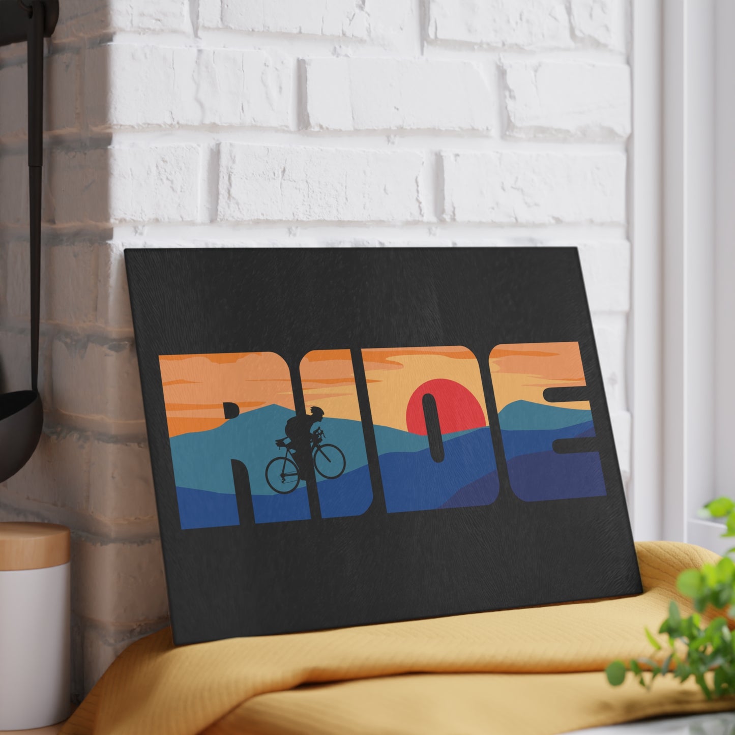 Ride Sunset Glass Cutting Board - Cycling Landscape Art, Bike Lover Kitchen Decor Gift