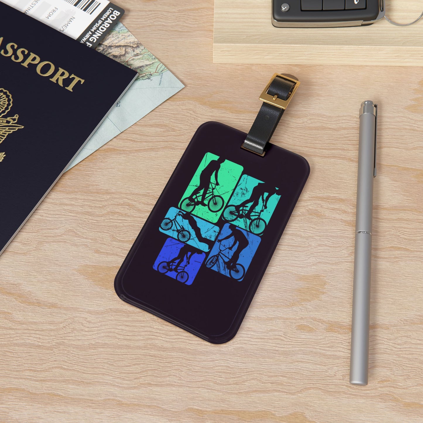 BMX Luggage Tag - Blue Retro BMX Rider Silhouettes, Cycling Travel Tag for Bike Lovers