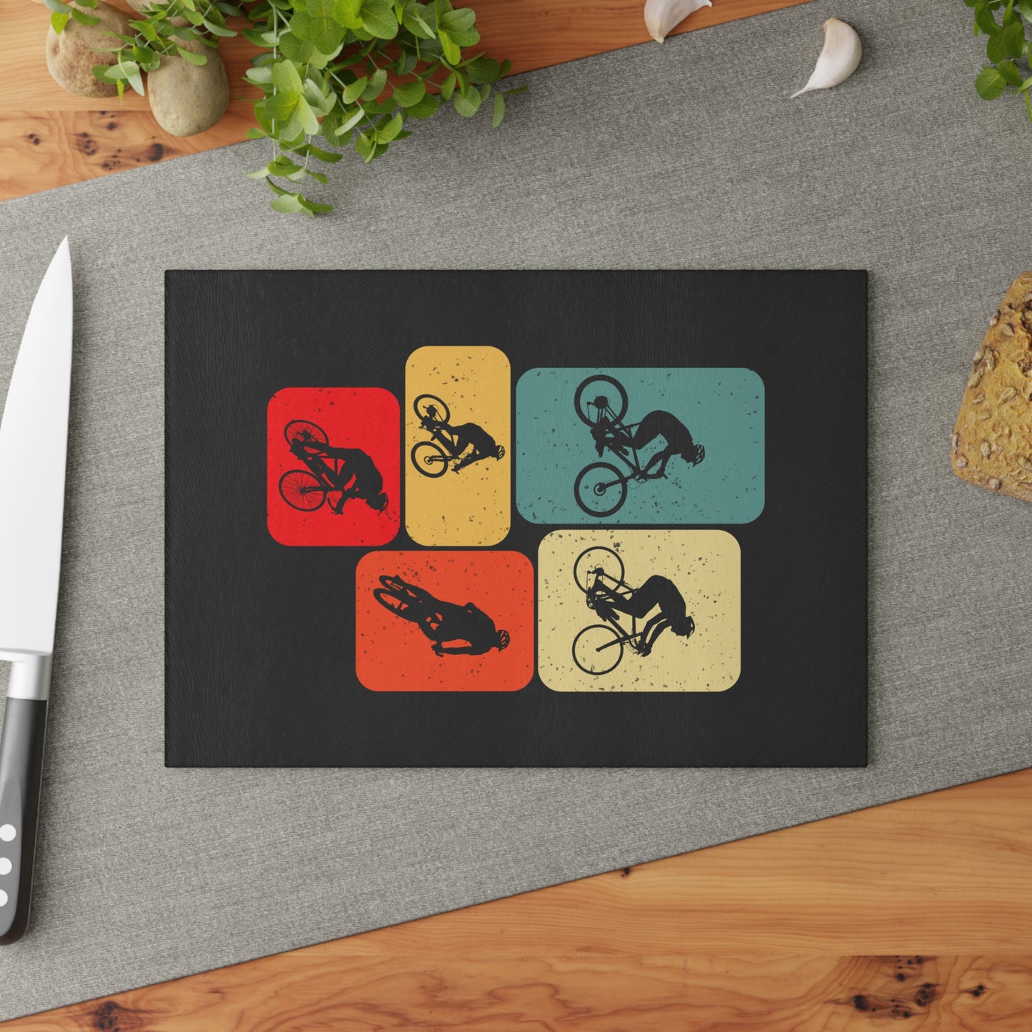 BMX Trick Glass Cutting Board - Retro BMX Silhouette Design, Cycling Kitchen Decor Gift