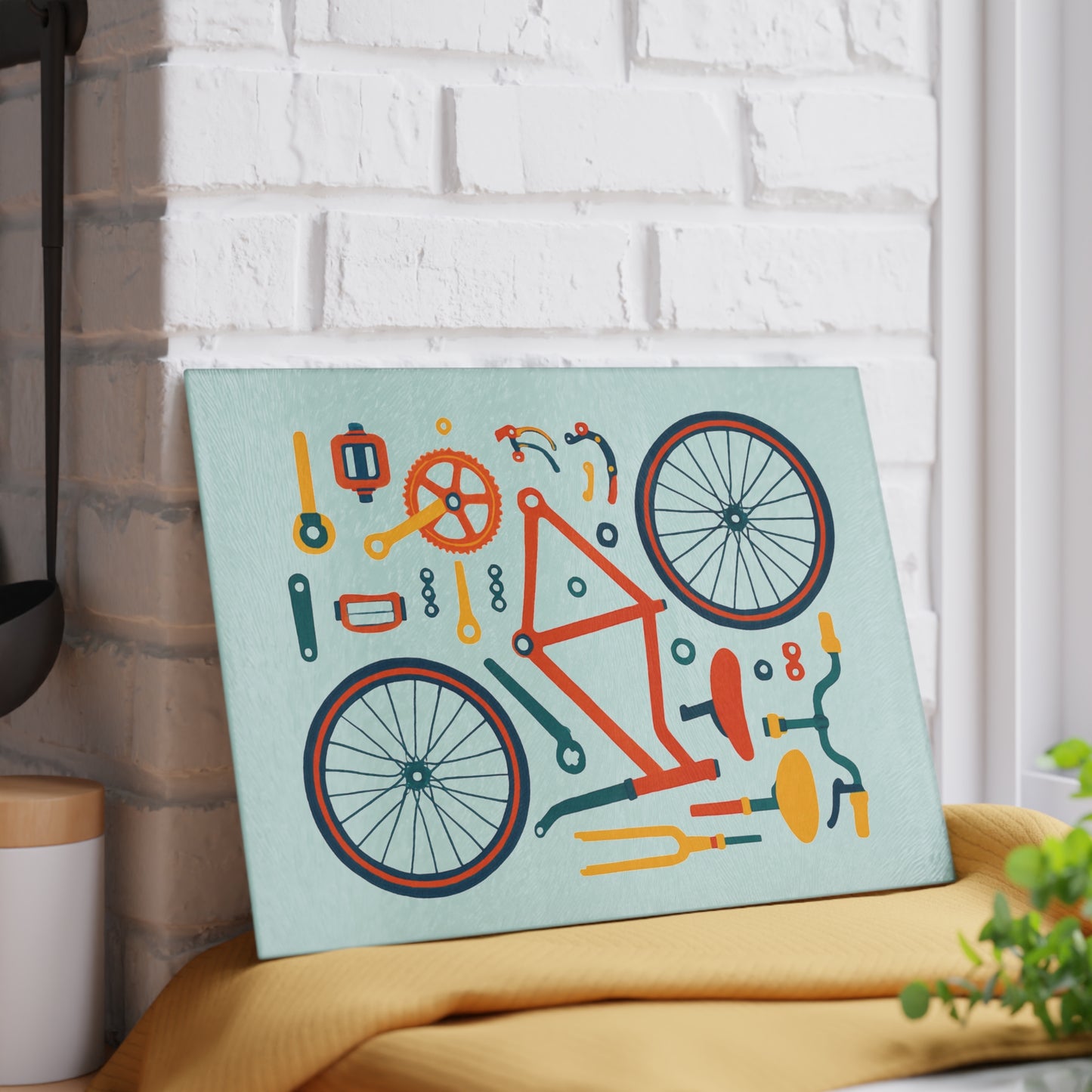 Bicycle Parts Glass Cutting Board - Cycling Kitchen Decor with Bike Components Illustration, Cyclist Gift, Modern Bike Art