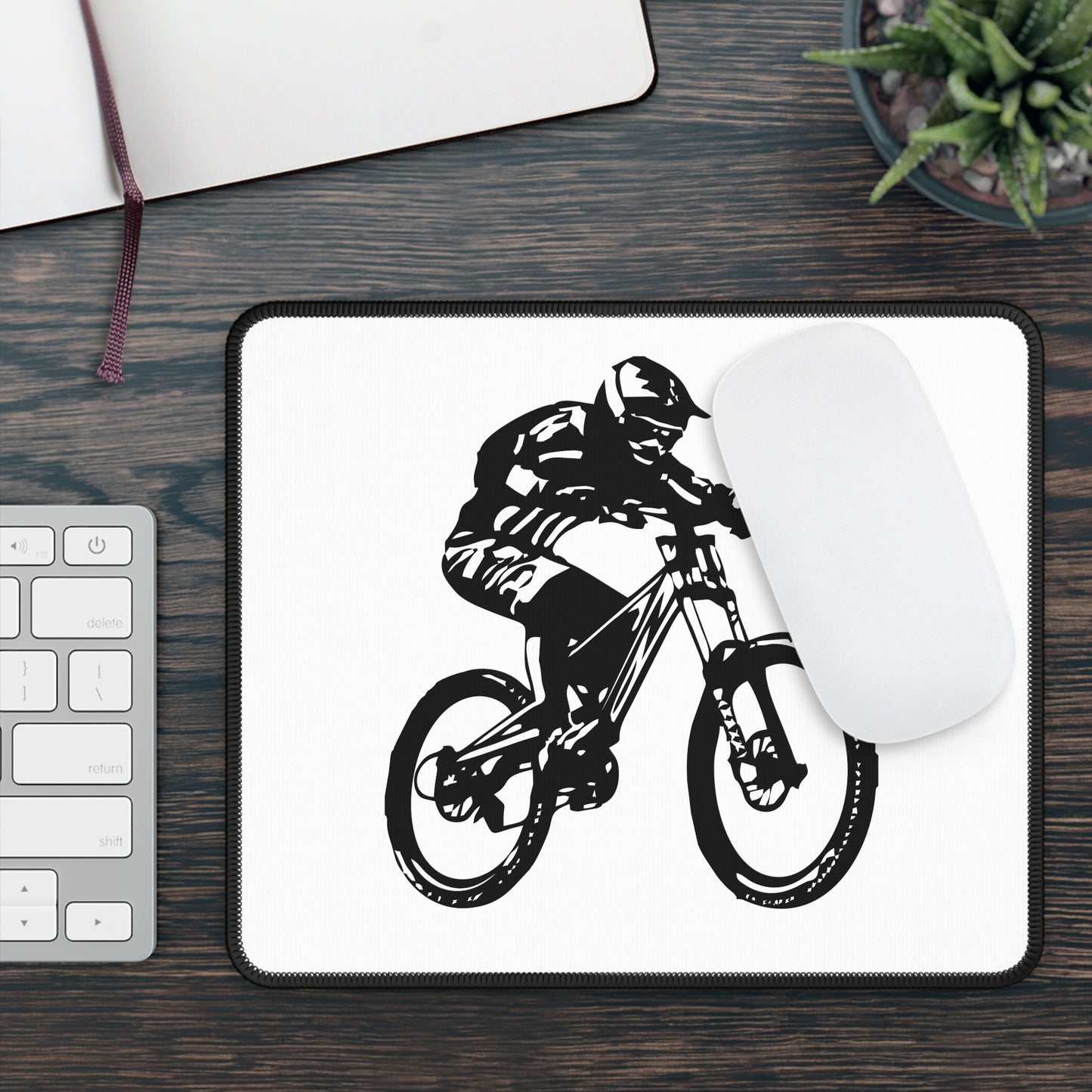 Minimal Mountain Bike Silhouette Mouse Pad - Black and White Cycling Desk Decor