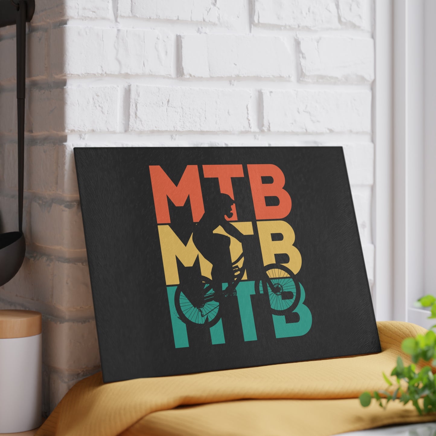 MTB Glass Cutting Board - Retro Mountain Bike Typography Design, Cycling Kitchen Decor Gift