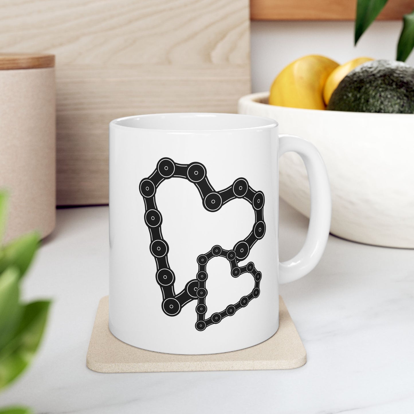 Chained Together Love Mug | Bicycle Chain Heart Art | Connected Coffee Moment