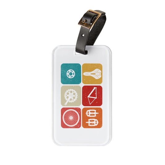 Cycling Luggage Tag - Retro Bike Parts Icons, Bicycle Components Design, Travel Tag for Cyclists