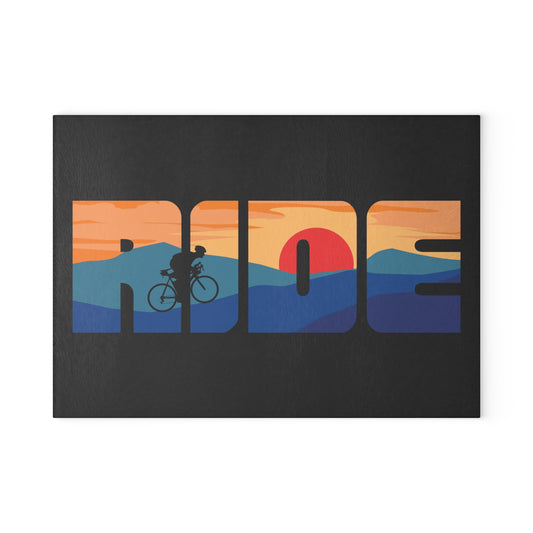 Ride Sunset Glass Cutting Board - Cycling Landscape Art, Bike Lover Kitchen Decor Gift
