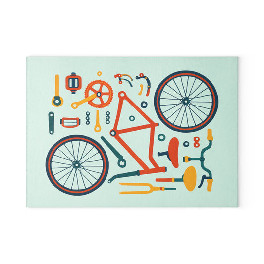Bicycle Parts Glass Cutting Board - Cycling Kitchen Decor with Bike Components Illustration, Cyclist Gift, Modern Bike Art