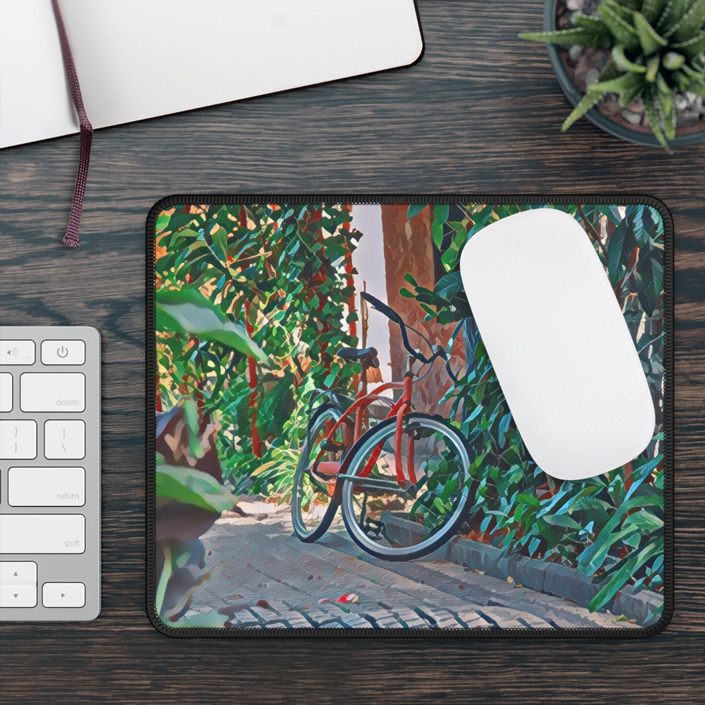 Bicycle in Green Garden Mouse Pad - Calm Cycling Desk Decor