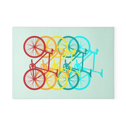 Color Shift Bicycle Glass Cutting Board - Cycling Motion Art Kitchen Decor, Modern Bike Design, Gift for Cyclists