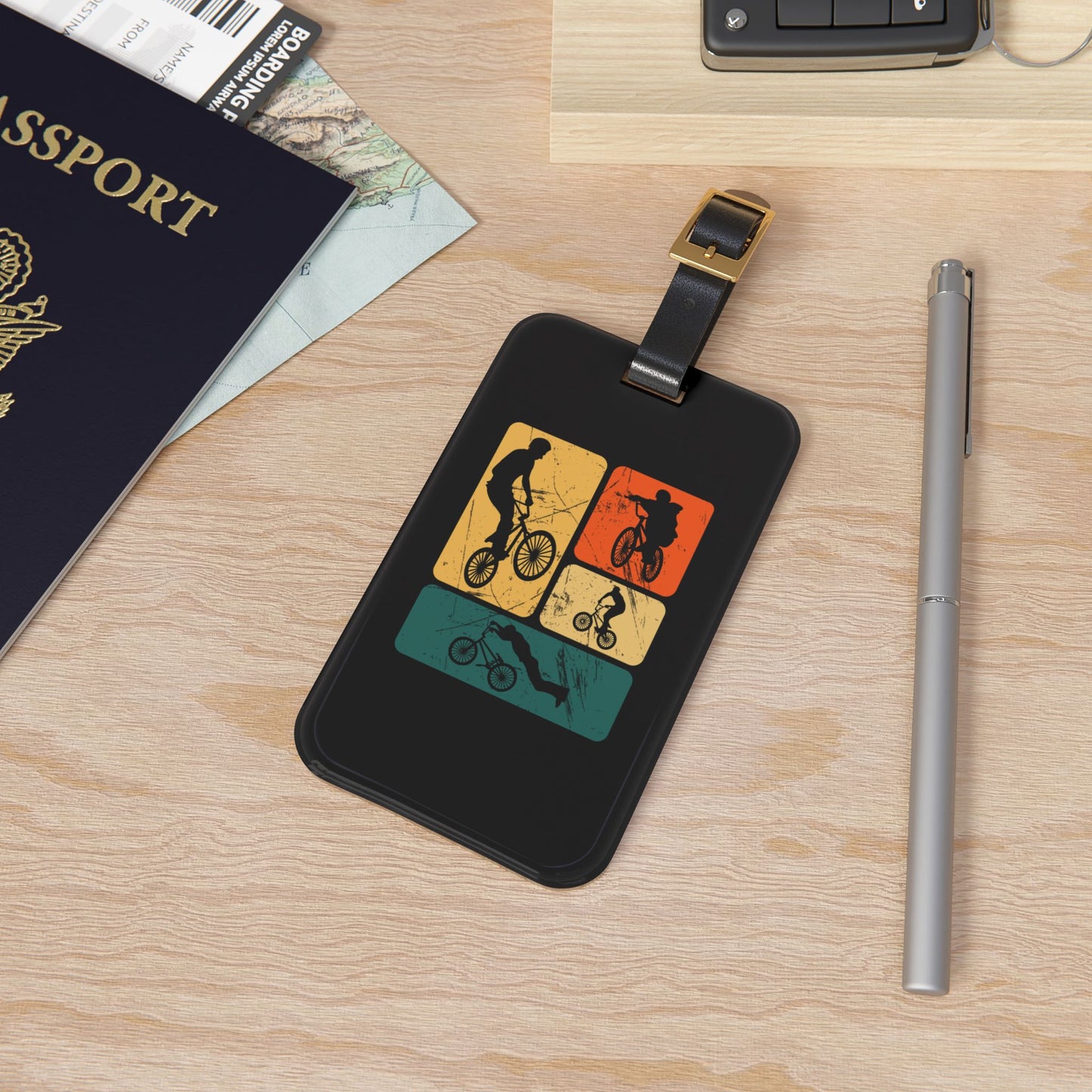 Cycling Luggage Tag Gift for Bike Lovers, Retro Bicycle Art Travel Tag with Leather Strap