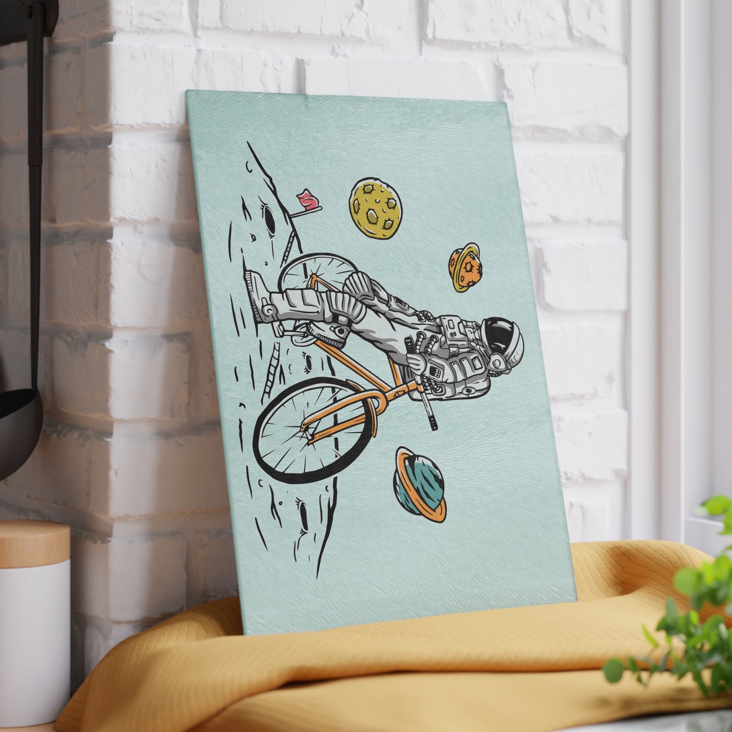 Astronaut Cycling Glass Cutting Board - Space Bike Kitchen Board for Cyclists & Sci-Fi Fans