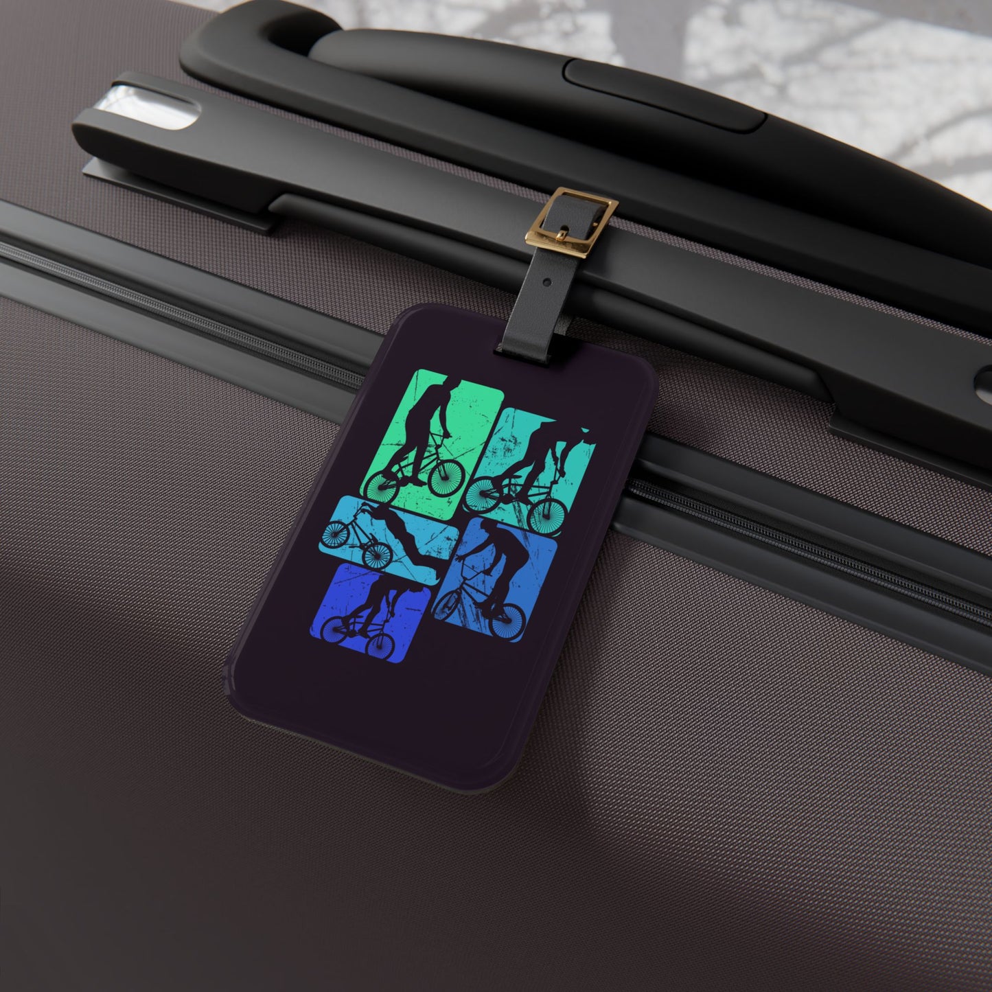 BMX Luggage Tag - Blue Retro BMX Rider Silhouettes, Cycling Travel Tag for Bike Lovers