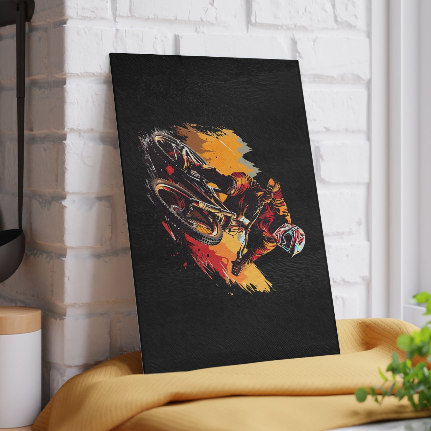 Downhill Mountain Bike Glass Cutting Board - Action MTB Rider Art, Cycling Kitchen Decor Gift