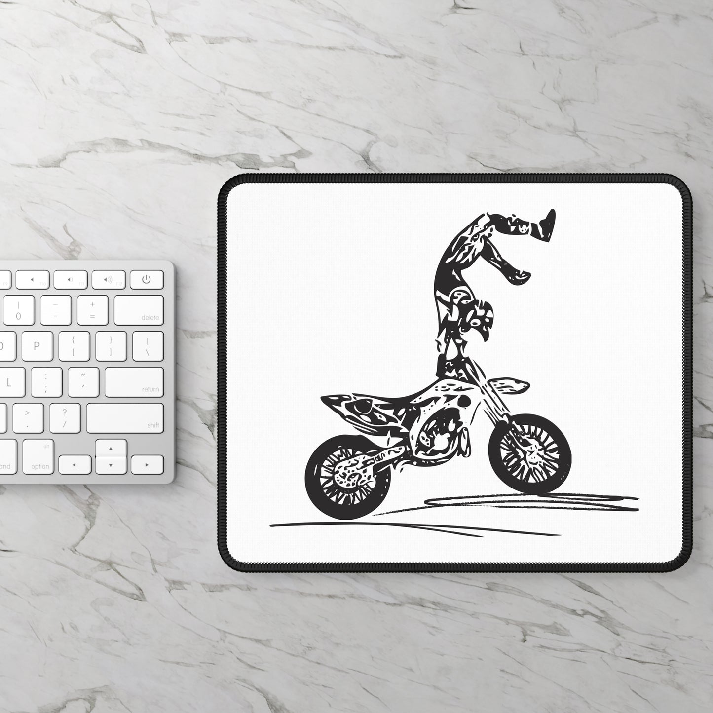 Minimal Stunt Bike Illustration Mouse Pad - Black and White Rider Desk Decor