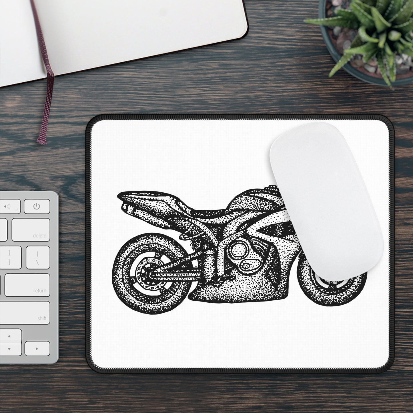 Motorcycle Sketch Mouse Pad - Minimal Black and White Bike Desk Decor, Rider Gift, Clean Motorbike Art