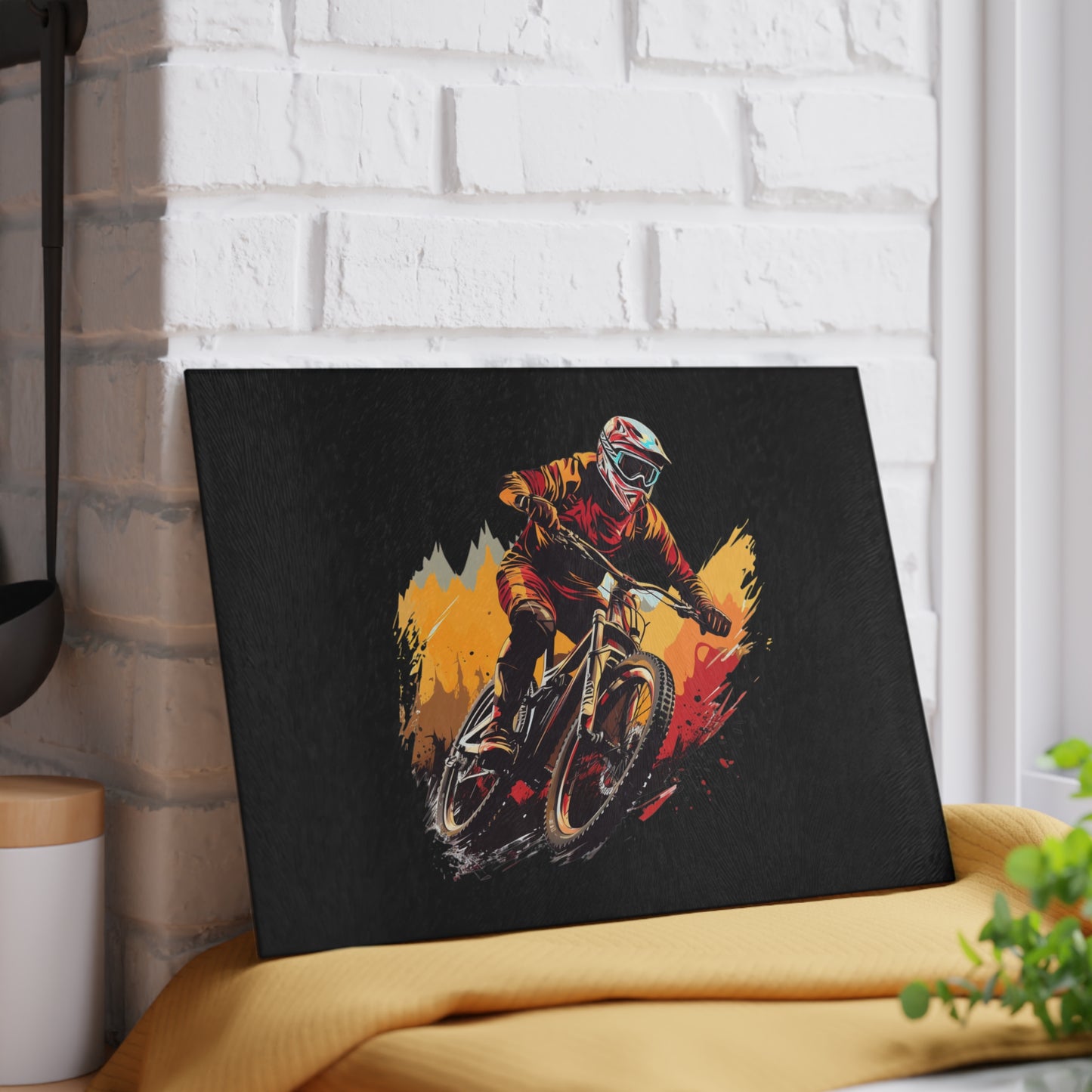 Downhill Mountain Bike Glass Cutting Board - Action MTB Rider Art, Cycling Kitchen Decor Gift