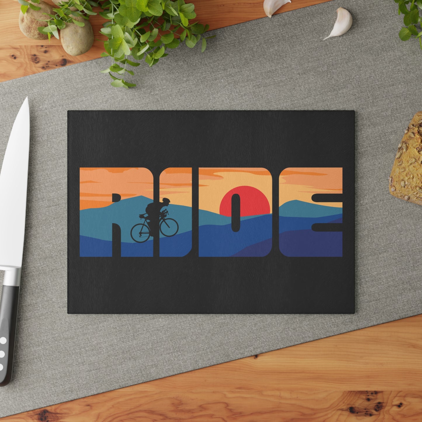 Ride Sunset Glass Cutting Board - Cycling Landscape Art, Bike Lover Kitchen Decor Gift