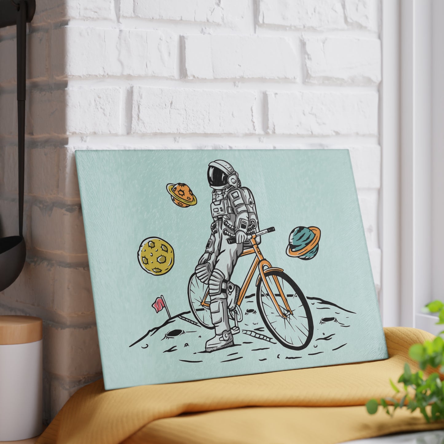 Astronaut Cycling Glass Cutting Board - Space Bike Kitchen Board for Cyclists & Sci-Fi Fans
